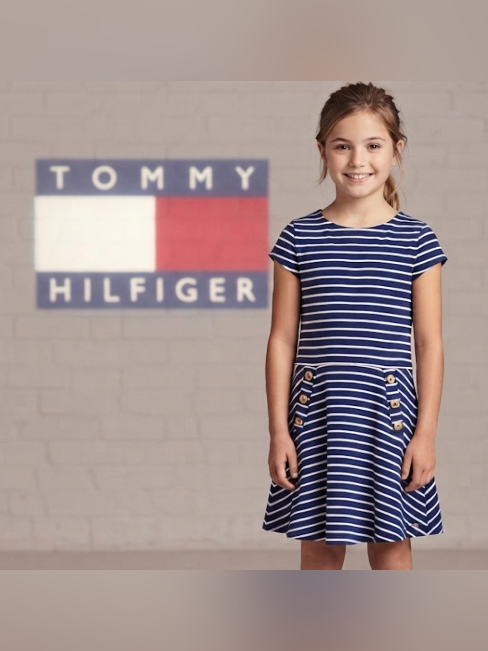 New Authentic Tommy Hilfiger girls nautical navy & white striped dress L 10/12